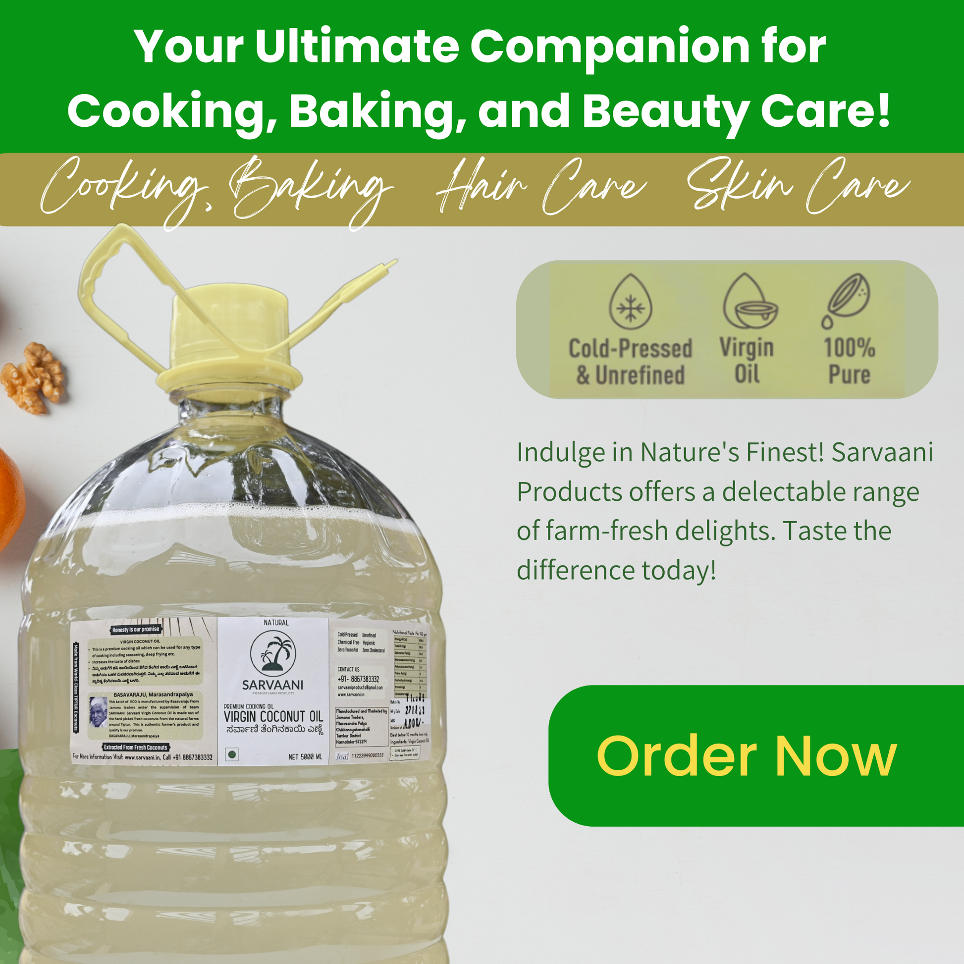 SARVAANI Natural Virgin Coconut Oil - 100% pure ತೆಂಗಿನಕಾಯಿ ಎಣ್ಣೆ -  5Liter